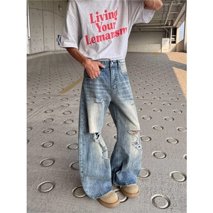 美式街头水洗做旧破洞牛仔裤男高街vibe风长裤子N0784-P53图片