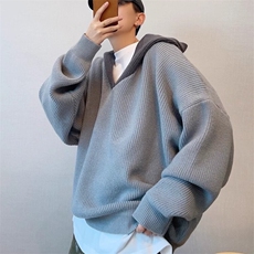 大码韩系V领针织衫外套男秋冬新款慵懒风痞帅撞色连帽毛衣，男装针织衫/毛衣，星座613