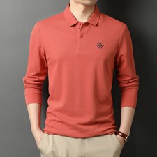 男士纯色刺绣Polo衫2023新款长袖t恤男秋季纯棉翻领中年春秋装，男装T恤，电商B212（原钱塘6029）