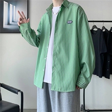 日系复古条纹衬衫男青少年时尚港风潮流宽松休闲痞帅翻领衬衣外套，男装衬衫，星座506A
