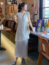 法式蕾丝绣花背心套装裙女2025夏季新款甜美减龄T恤半身裙三件套，女装套装/套裙，浙宝305
