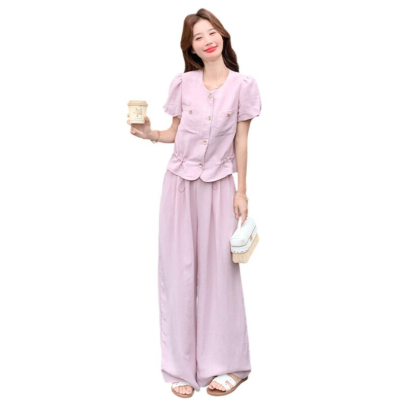 粉色泡泡袖套装女夏收腰阔腿裤两件套时尚显瘦223-1551P165K245,商品下架区,莘蕾