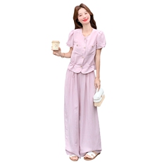 粉色泡泡袖套装女夏收腰阔腿裤两件套时尚显瘦223-1551P165K245，商品下架区，莘蕾