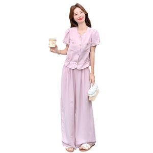 粉色泡泡袖套装女夏收腰阔腿裤两件套时尚显瘦223-1551P165K245图片