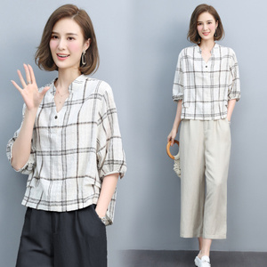 棉麻短袖t恤女夏季薄款2026新款格子衬衣中年妈妈宽松亚麻V领小衫，女装套装/套裙，璐依舞