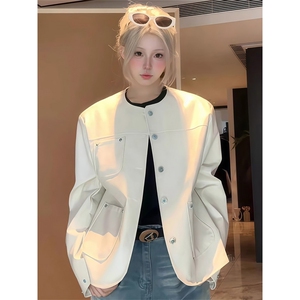鳄鱼皮纹小香风皮衣外套男女款秋季穿搭pu皮夹克美式正肩无领外套,阿正男生穿搭图片