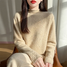 2025年秋季时尚百搭通勤简约休闲加厚镂空卷边半高，女装羊毛衫，大美人高端店