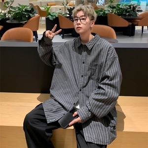 长袖衬衫男秋季条纹宽松男衬衫外套日系ins潮牌港风休闲上衣图片
