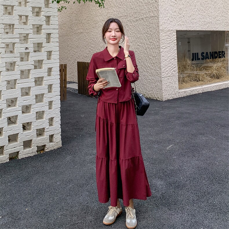 红色衬衫短上衣套装春秋女2025新款复古时髦遮肉显瘦半身裙两件套,女装套装/套裙,2C205