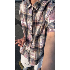 迷彩格子短袖衬衫男生夏季薄款美式复古高街vibe潮牌帅气半袖衬衣图片