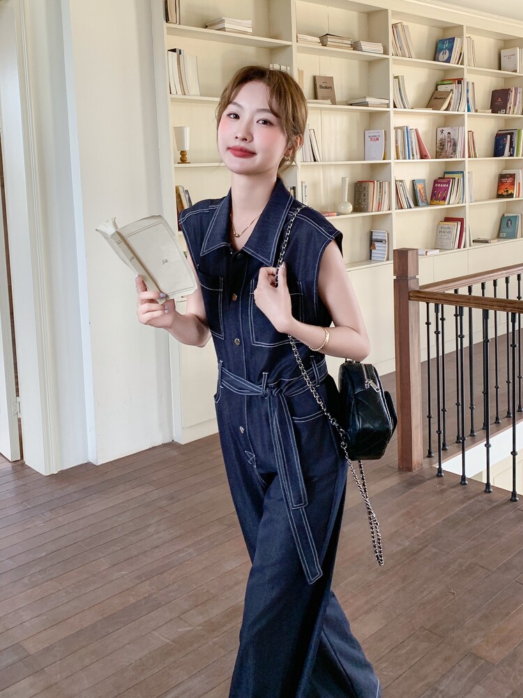 港风复古深蓝色无袖牛仔连体裤女2026夏气质显瘦高腰工装风连衣裤,女装连体裤,印象茜