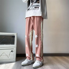 美式高街牛仔裤男韩版拼色粉色五角星2023秋冬ins长裤RK952-P56，男装牛仔裤，星座412-3