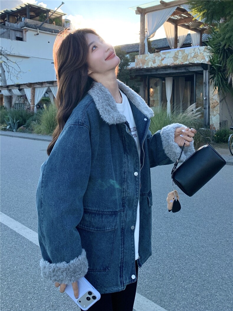 美式蓝色羊羔毛领牛仔外套女2025冬季新款高级感休闲宽松夹克上衣,女装羽绒服,艾米莉亚