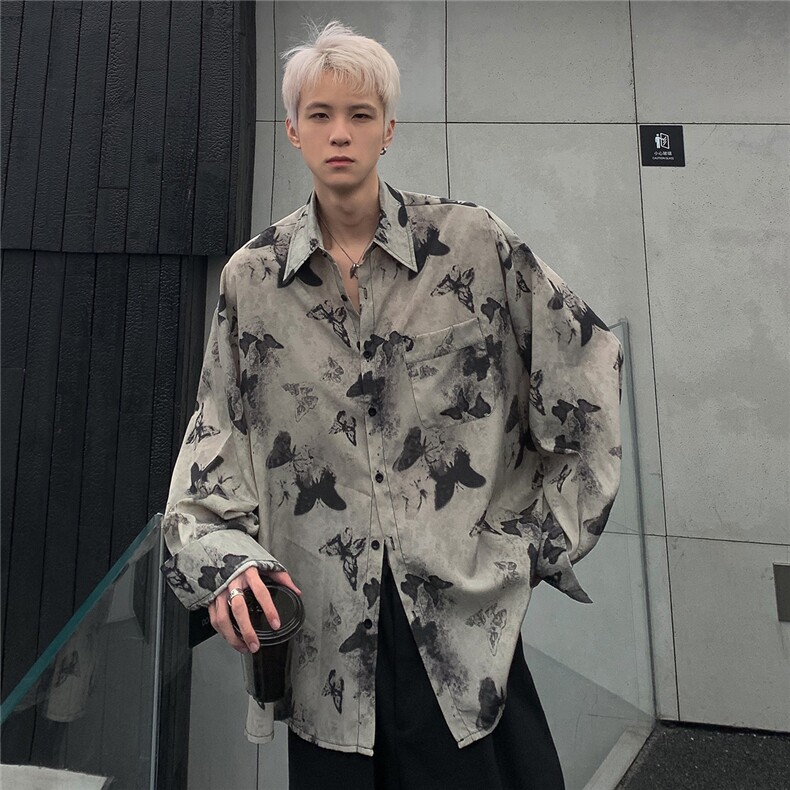 设计感蝴蝶印花衬衫长袖男春秋垂感抗皱衬衣宽松外套上衣CS88-P58,男装衬衫,电商C307