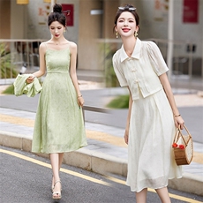 新中式国风印花连衣裙套装女2024夏新款改良旗袍气质吊带裙两件套，女装套装/套裙，采品优优