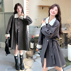 灰色休闲撞色拼接风衣外套女2025春季新款设计感系带中长款大衣潮，女装风衣，纯色衣恋