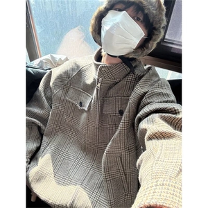 威尔士亲王千鸟格哈灵顿羊毛夹克老钱风短款外套男女同款,大脚裤秋季穿搭图片