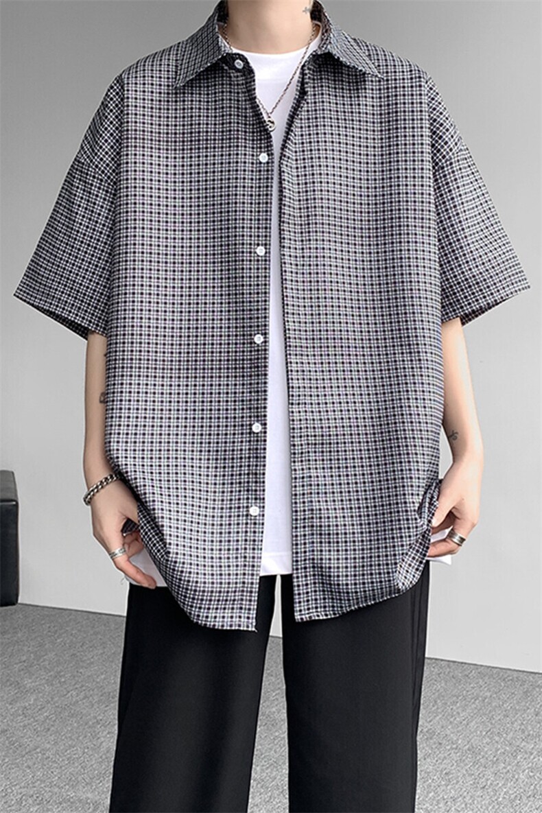 8XL-M短袖衬衫男夏宽松慵懒风痞帅条纹格子衫半袖外套DC28005P40,男装衬衫,电商B312