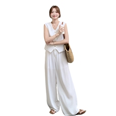 高级感穿搭白色后背蕾丝拼接马甲套装女夏季时尚休闲阔腿裤两件套，女装套装/套裙，慧尚依恋