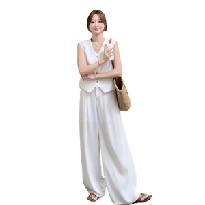 高级感穿搭白色后背蕾丝拼接马甲套装女夏季时尚休闲阔腿裤两件套图片