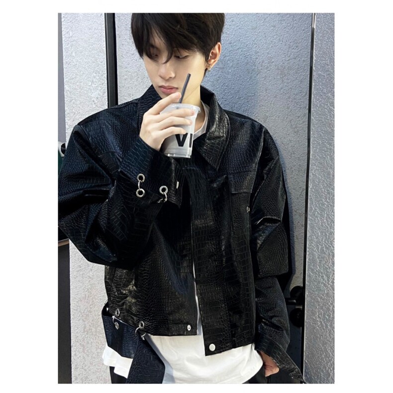 高街潮流鳄鱼纹垫肩皮衣夹克男春秋宽松百搭PU皮短款情侣外套，男装皮衣，星座601-1