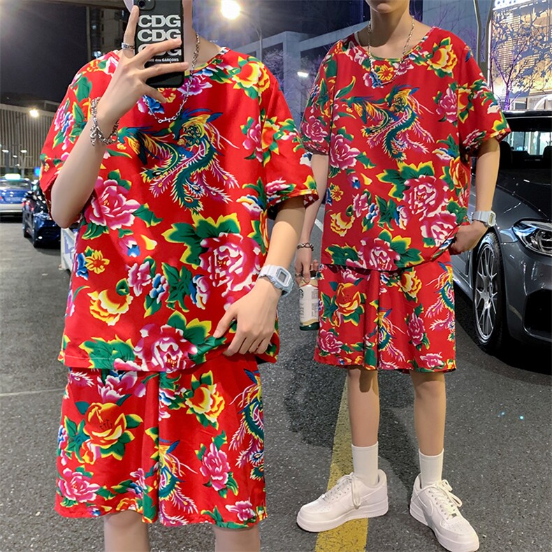 TZ203夏新款男士T恤短裤套装东北大花大码红色蓝色青年运动套装，男装休闲套装，星座115A(原星座507）