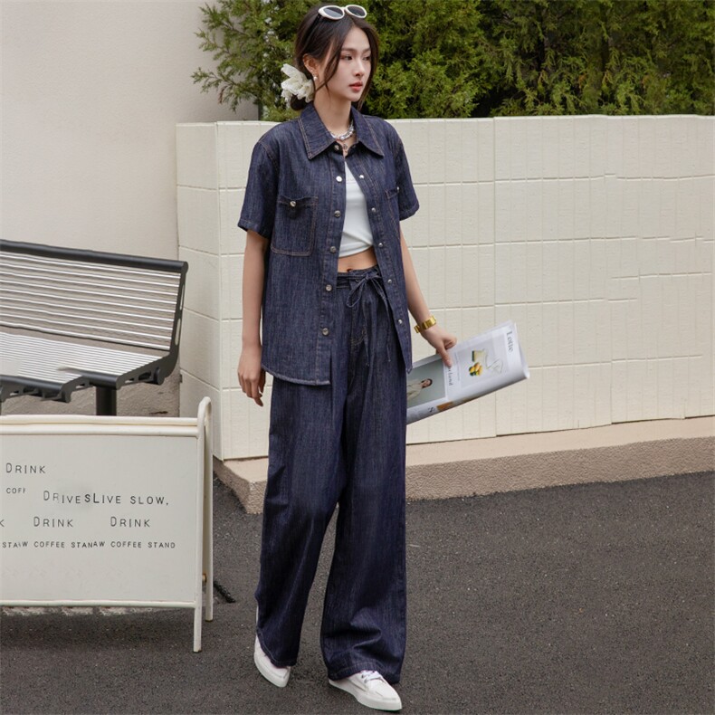 牛仔套装阔腿裤两件套春夏装女2025年新款时尚一整套穿搭显高显瘦，女装套装/套裙，美拉德工厂直营店