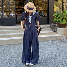 复古轻薄牛仔套装女2025夏季新款时尚显瘦翻领短外套阔腿裤两件套，女装套装/套裙，2C085