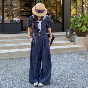 复古轻薄牛仔套装女2025夏季新款时尚显瘦翻领短外套阔腿裤两件套图片