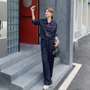 （新款现货）2026春装时尚潮流天丝牛仔拉链阔腿裤套装两件套图片