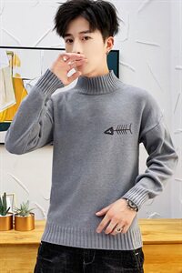 秋冬中领毛衣男小鱼骨头长袖外套男毛衫打底针织衫高领灰M229P35图片