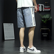2021夏季新日系大码男新灰墙撞色拼接字母印花牛仔短裤ND5198-P45，男装牛仔裤，电商A001