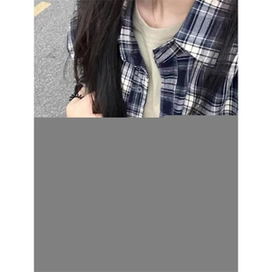 TC793-P45 藏蓝色复古格纹衬衣 美式休闲长袖上衣 男女款高级百搭图片