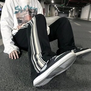 男春季高品质美式ins炸街条纹运动裤直筒宽松垂感休闲长裤Z32P35图片