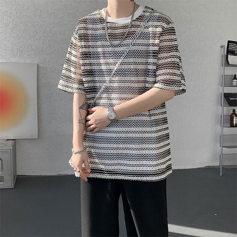 T10120-特P30小众夏季新款男镂空凉快冰丝短袖大码T（怕透慎拍）,男装T恤,电商A059