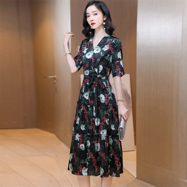 重磅真丝连衣裙女裙子夏装v领收腰系带短袖桑蚕丝中长裙印花显瘦,女装连衣裙,阿舍尔精品