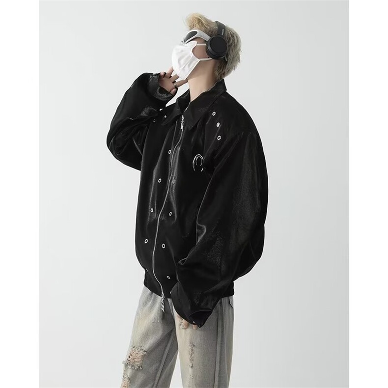 高级设计感小众垫肩翻领夹克男休闲宽松痞帅高街短款外套图片