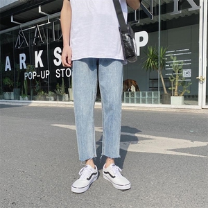 港风简约百搭毛边牛仔裤男女  夏季直筒小脚九分裤子K903/P45图片