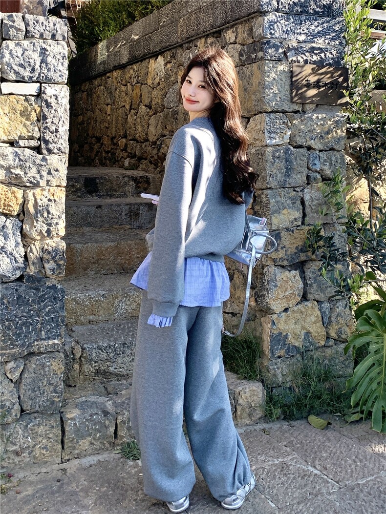 韩系慵懒休闲风格纹拼接卫衣套装女2026春季阔腿裤时尚减龄两件套,女装套装/套裙,艾米莉亚