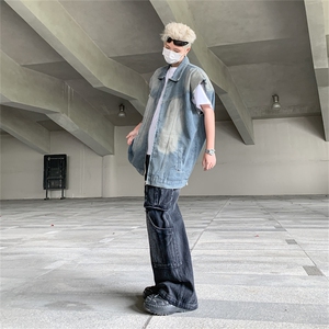 叠穿夏复古水洗牛仔马甲垫肩外套男拉链设计感无袖上衣MJ611-P60图片