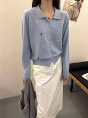 2025年秋季翻领刺绣心形长袖时尚百搭通勤休闲，女装针织衫/毛衣，万禾羊绒
