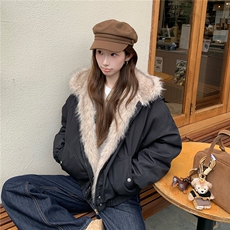 潮座山雕毛绒连帽棉服男女2025冬季美式cleanfit设计感加厚棉衣，男装棉衣，星座506A