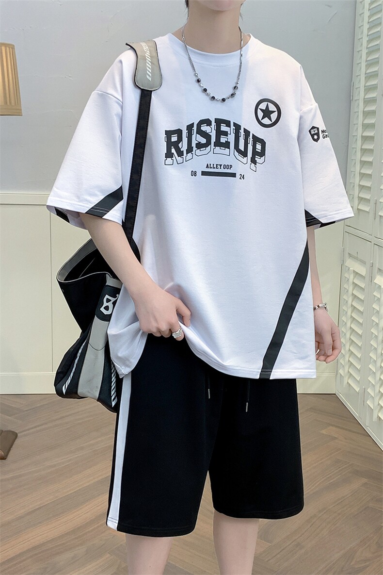 夏季新款短袖T恤港风套装青少年纯棉潮流两件套男装DF321P68控98,男装休闲套装,电商A086