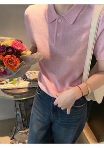 夏季新款洋气减龄女士POLO领纯色修身显瘦短袖图片