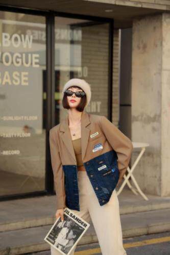 新款牛仔拼接带标西装，女装西装，C&B