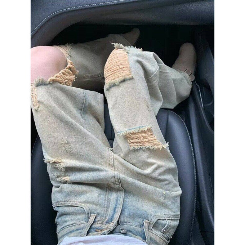 美式高街做旧破洞牛仔裤女夏季设计感高腰显瘦阔腿长裤L91366-P48,男装牛仔裤,星座1008