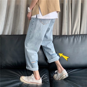 男女中性字母破洞牛仔裤潮流休闲裤子青少年九分直筒牛仔裤A2105图片