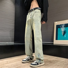 水洗黄泥染牛仔裤男款春秋美式复古vibe高街裤子修身直筒休闲长裤，男装牛仔裤，星座601-2