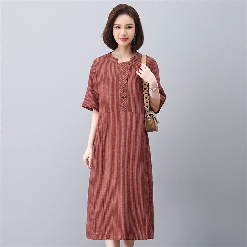 棉麻连衣裙夏季2025新款妈妈遮肚显瘦宽松a字裙亚麻裙子女中长款,女装连衣裙,叶笙衣