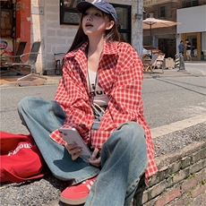 夏日韩版格子衬衫女宽松男友风衬衣宽松显瘦防晒开衫垂感外套，男装防晒衣，星座1210-1